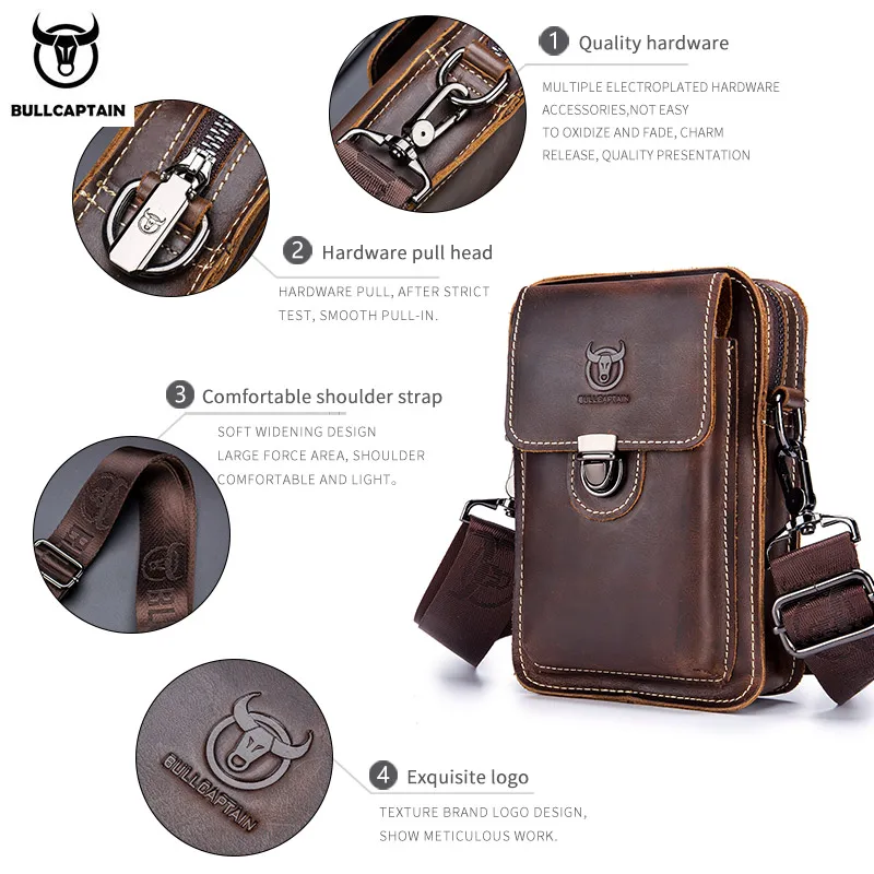 BULLCAPTAIN100% Crazy horse leather Male Waist Pack Phone Pouch Bags Waist Bag Men's Small chest Shoulder Belt Bag back pack075