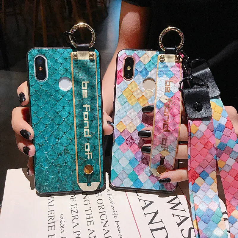 

Fish scale wristband phone case For Redmi Note7 Note5 phone case For xiaomi 9 8 se 8Lite Anti-fall diagonal hanging back cover