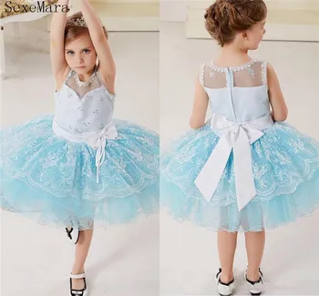 

SexeMara Little Girls Clothes Crew Neck Ruffles Beads Lace Puffy Birthday Dresses For Girls Zipper Bow Ribbon Prom Gown