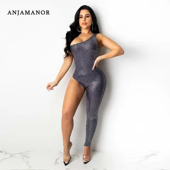 

ANJAMANOR Shiny Sexy Clubwear Romper Glitter Sequin Back Out One Piece One Legged Bodycon Jumpsuit Women D43-AE97