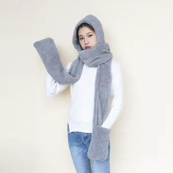 

2019 Winter Cute Woman Plush Hooded Scarf Autumn Solid Color Warm Thicken Couple Scarf Siamese Bib hat Gloves Three-piece Scarf