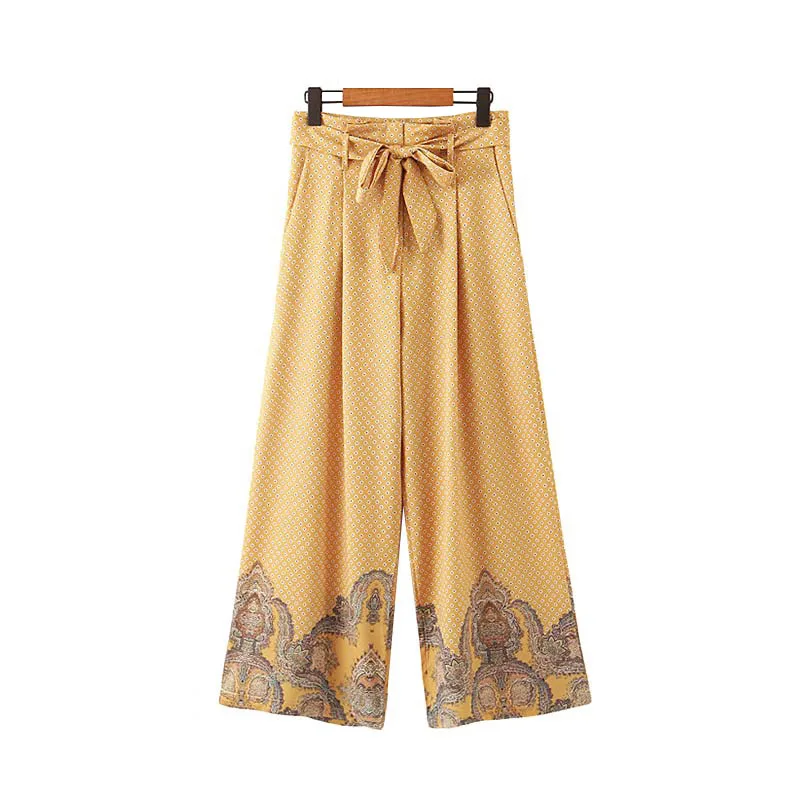 

Elegant Geometric Print With Sashes Wide Leg Pants Vintage Women 2019 Fashion High Waist Zipper Fly Pockets Trousers Pantalones