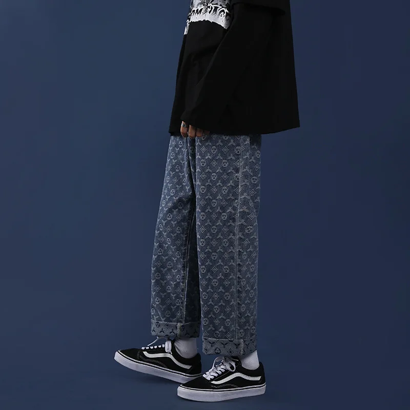 New Man Jacquard Cashew Print Jeans Vintage Wide Leg Pants 2023 Men Spring Autumn Fashion Mid Waist Straight Jean Streetwear Y2k