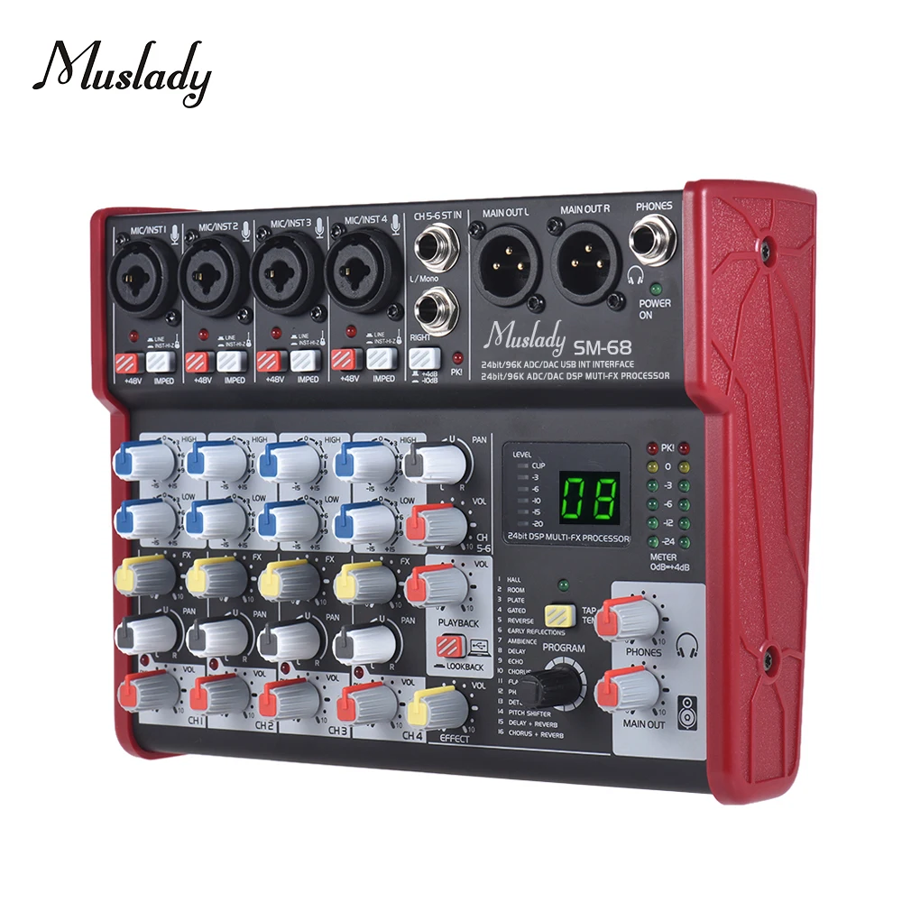 

Muslady SM-68 Portable 6-Channel Sound Card Mixing Console Built-in 16 Effects with USB Audio Interface Supports 5V Power Bank