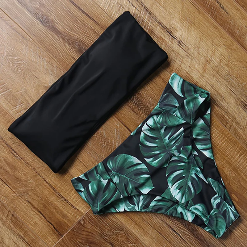 Floral Bikini Swimsuit Bandeau Leaf Brazilian Biquini Sexy High-Waist Push-Up Women Mujer