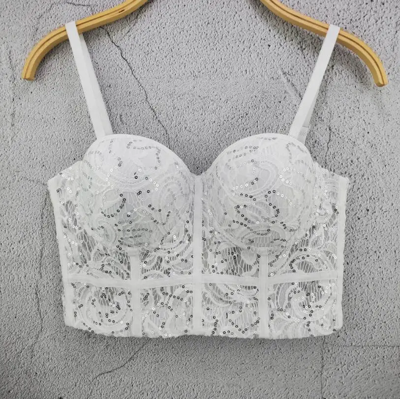 

Модный кружевной бюстгальтер пуш-ап с блестками, Женский корсет, бюстье, бюстгальтер, Длинный Сексуальный укороченный топ для ночного клуба и вечерние, жилет p1631