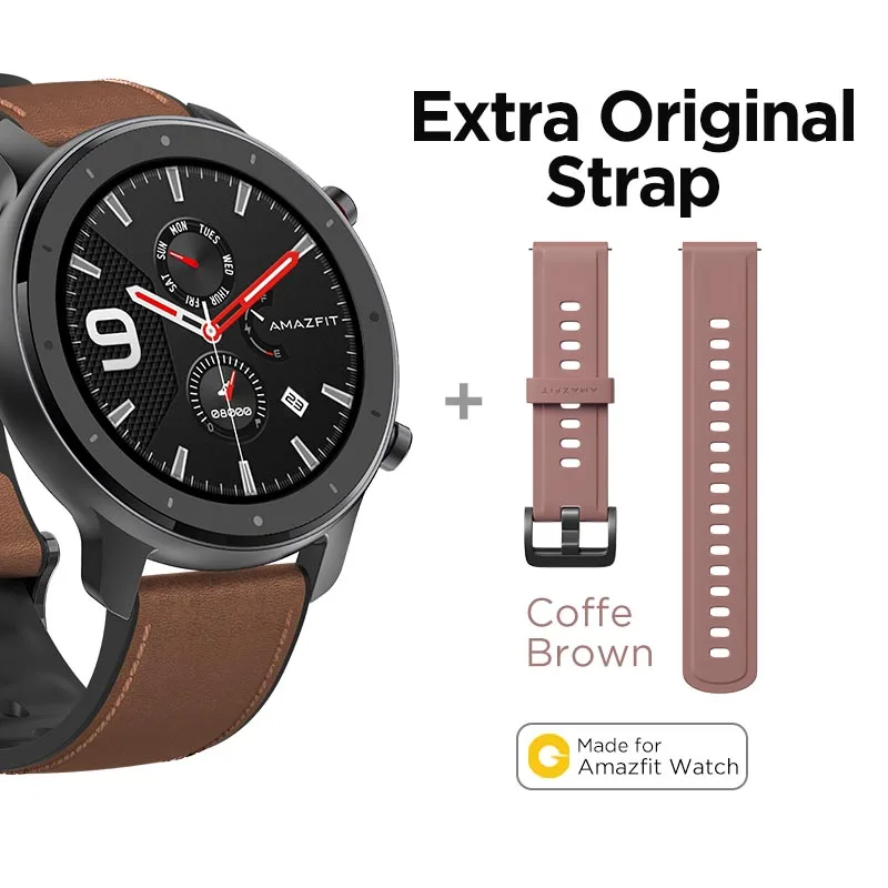 A-Extra Brown Strap Глобальная версия Amazfit GTR 47 мм Смарт-часы 5ATM водонепроницаемые Смарт-часы 24 дня батарея управление музыкой кожаный силиконовый ремешок - Цвет: A-Extra Brown Strap