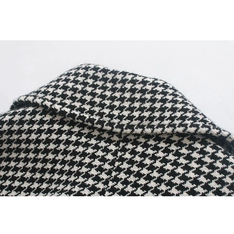 Autumn New Fashion Houndstooth Lapel Long-sleeved Woolen Women's Jacket Belt Chic Long Female Coat Tops