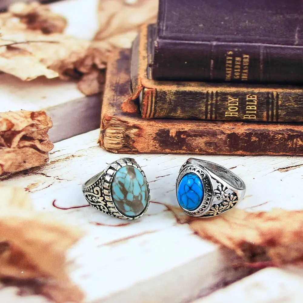 ¡Sunspicems! Vintage Bohemia anillo para mujeres Retro Color plata Natural piedra joyería Punk