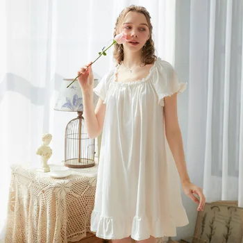 

Loose and Plus-sized Short-Sleeved Cotton Nightdress Female Summer Court Style Cute Sweet Princess Lace Sleepwear Women