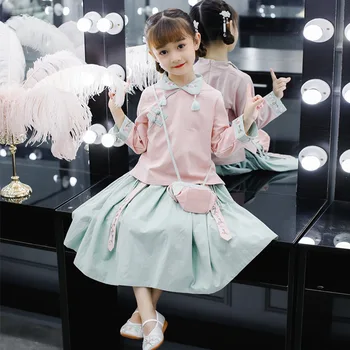 

3-12Girls Chinese Traditional Hanfu Halloween Cosplay Embroidered Costumes Thick Winter Tops+Skirt+Bag 3pcs Kids Vintage Clothes