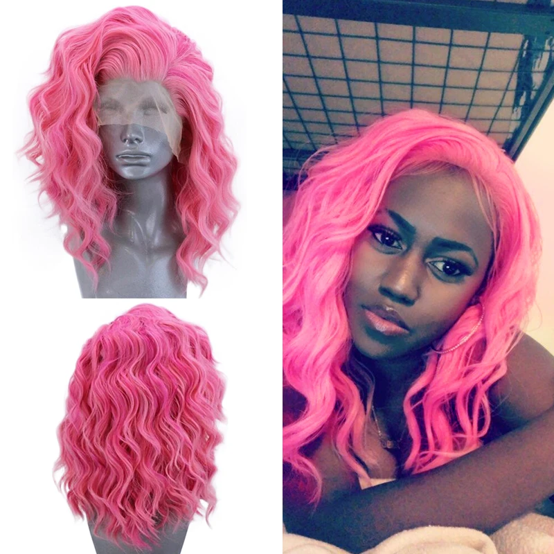

Anogol Short Roll Wave Pink Free Part High Temperature Fiber Synthetic Lace Front Hair Wigs For White Women