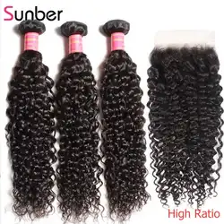 Sunber волосы бразильские пучки волнистых волос с закрытием 100% Человеческие волосы remy наращивание 10-26 дюймов пучки с 5x5 парики