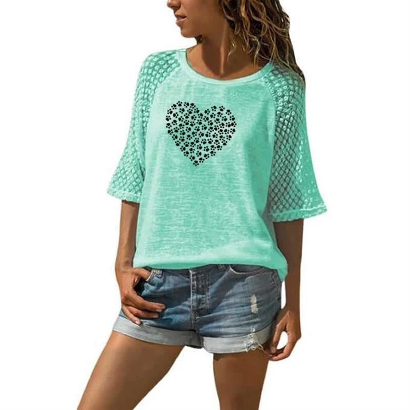 

Fashion T-Shirt For Women Dog Claw Heart Shape Letters Print Lace Crew Neck T-Shirt T-Shirt Female Women Summer Punk Cropped