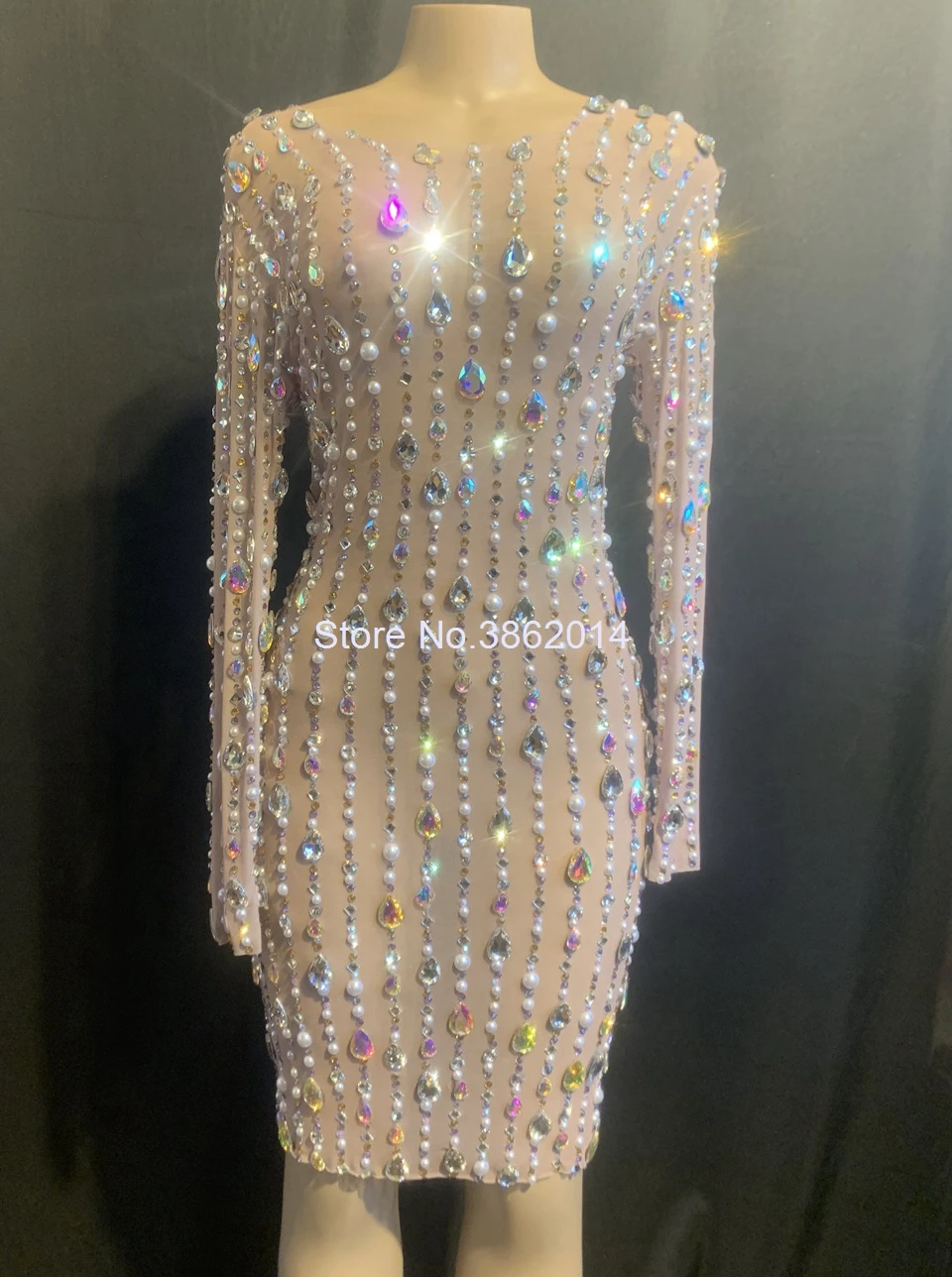 Luxurious Rhinestones Pearls Mesh Long Sleeve Short Dresses Women Birthday Celebrate Prom Party Dress Singer Performance Outfit