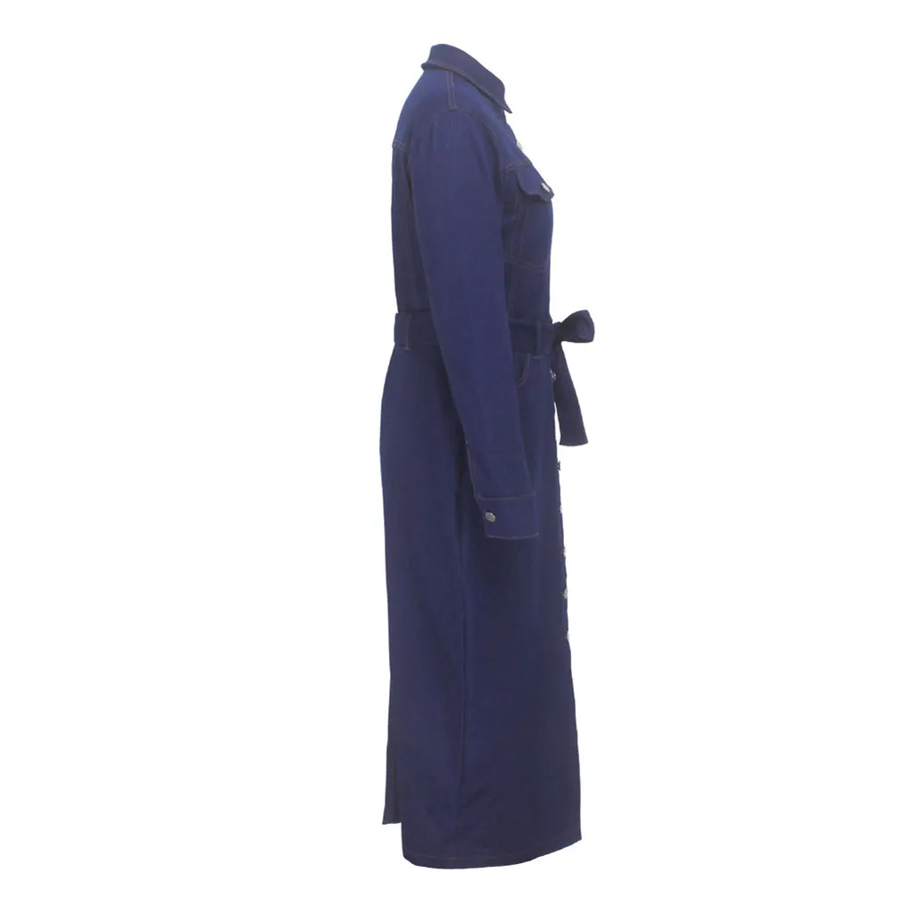 Best Price UZwvh Women Plus Size Denim Dress Spring Casual Long Sleeve Turn Down Neck Pockets Midi Dress Ladies Sashes Button Solid Dresses Robe