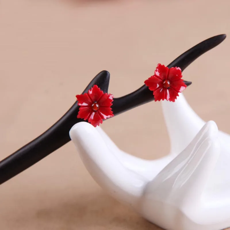 Kanzashi, заколка для волос, заколка-булочка, держатель черного дерева, черное дерево, смола, роза, стиль, китайский, японский стиль, кимоно, юката, аксессуар HS012