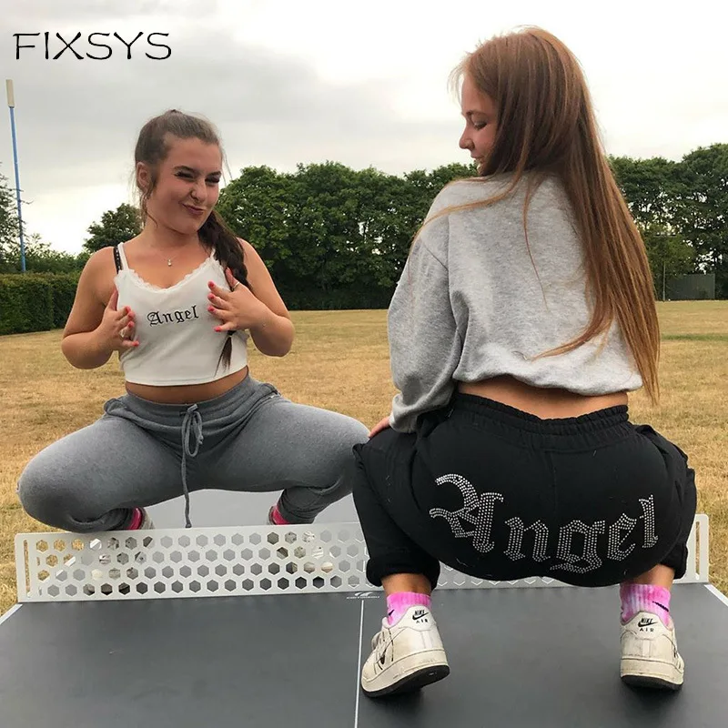 

FIXSYS Sparkly Rhinestones Sweatpants Joggers Women Clothes Streetwear Black White Sport Pants High Waist Trousers