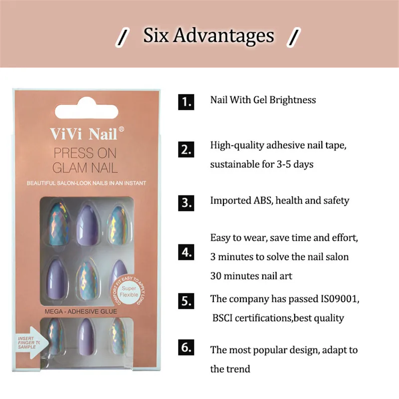 24Pcs Light gray Fish Scale Laser gradient Fake Nails Pre-design Short Full Cover False Nail Tips Finished Nails Art Tips