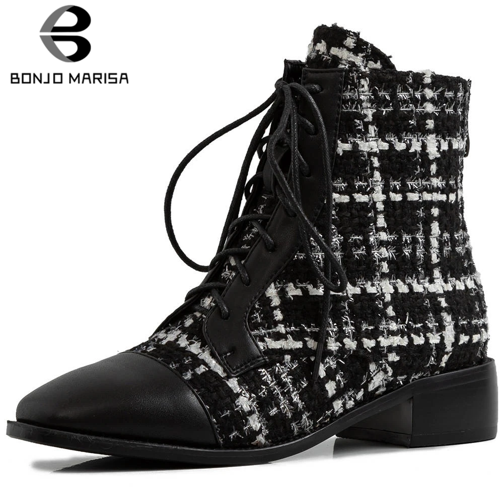 

BONJOMARISA New 31-43 Hot Sale mixed-color Booties Ladies Brand Square Toe Ankle Boots Women 2019 OL Low Heel Shoes Woman