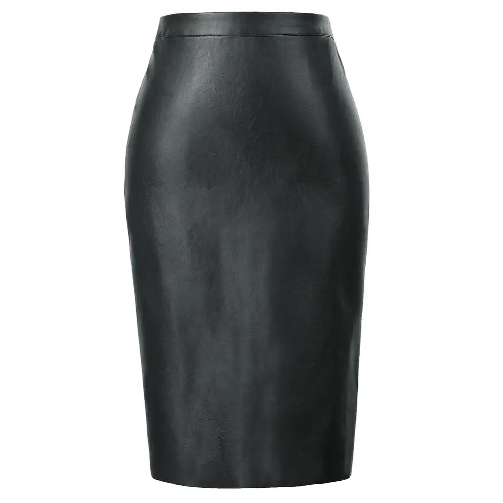 KK000601 Black Grace Karin, Женская юбка из искусственной кожи, красный/черный цвет, кожа юбка с высокой талией, асимметричные юбки, Офисная юбка-карандаш, длина до колена,облегающая юбка миди - Цвет: KK000601 Black
