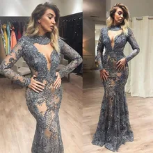 Ilussion Русалка Вечерние платья с длинным рукавом robe de soiree Серый Аппликация Вечерние платья abiye дизайн Саудовская арабское праздничное платье