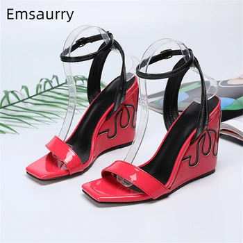 

Summer 2020 Rose Patent Leather Sandals Women Ankle Strap Square Toe Open Toes High Wedges Gladiator Sandalias Mujer