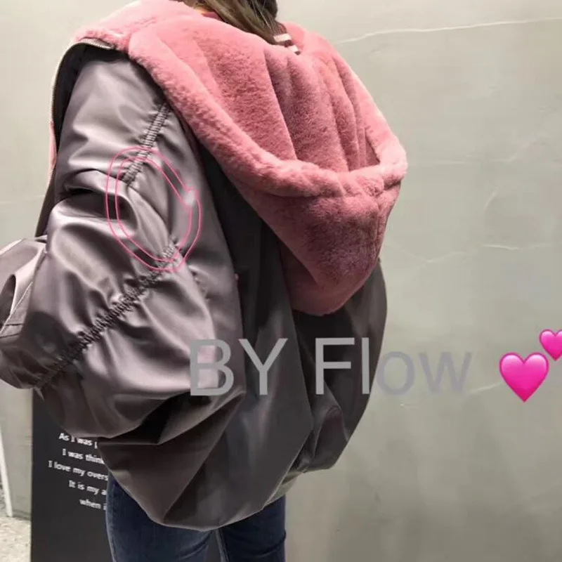 

Winter Coat Plush Thick Mock Two-Piece Hooded Pilots Jacket Women Coat Faux Rabbit Fur BF Style Loose Cotton Coat