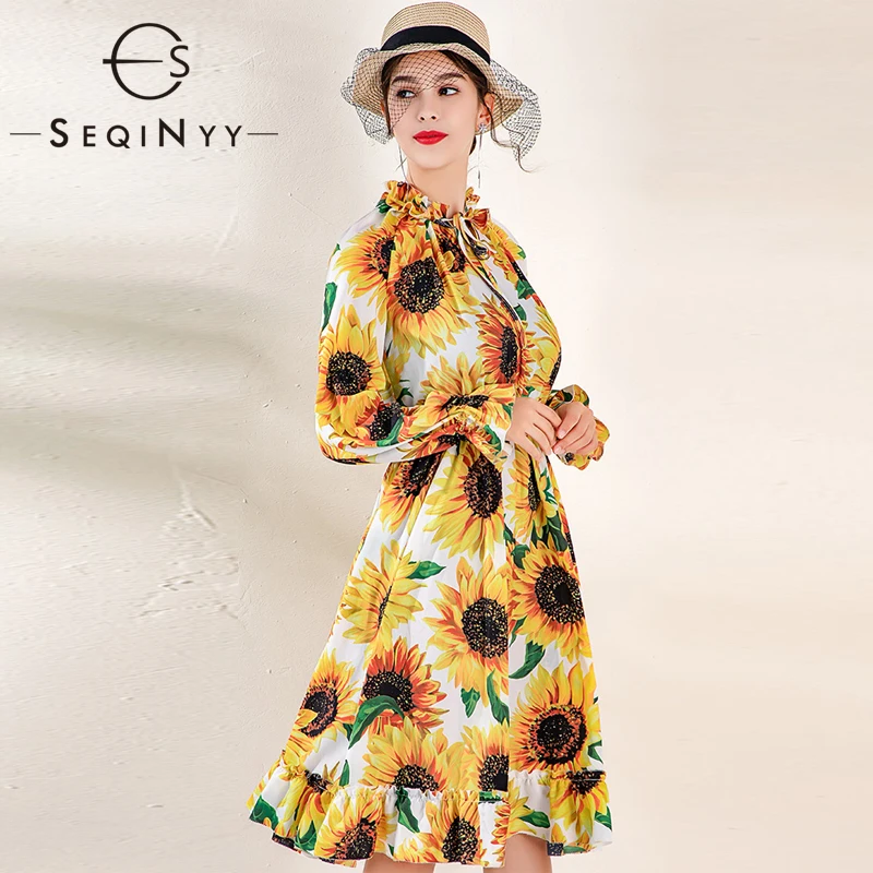SEQINYY/платье миди с подсолнухами; коллекция года; сезон лето-весна; новое модное дизайнерское Повседневное платье с длинными рукавами, бантом и оборками и принтом