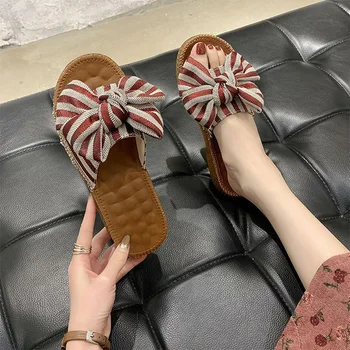 

Woman Knot Slides Casual Women's Beach Shoes Women Slippers Bowtie Woman Stripe Low Heels Female Comfortable Footwear 2020