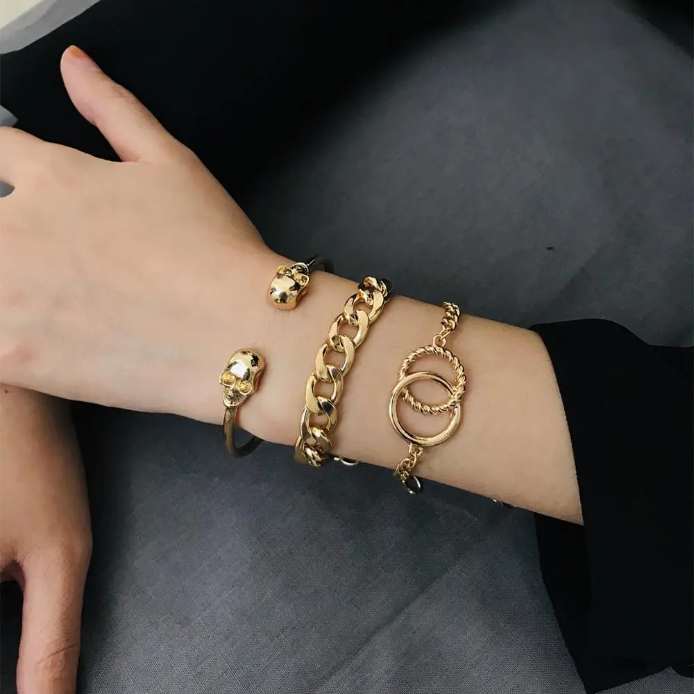 

Golden Color Multi-layer Charm Bracelet Woman Jewelry Skull Shape Punk Style Metal Chain All Match Bracelet Multi-element Allo
