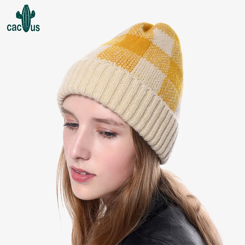 

Winter Hat for Women Two-tone Check Thickened Knit Hats Girls Beanies Warm Hat Soft Casual Fashion Leisure Cap Ski Hat