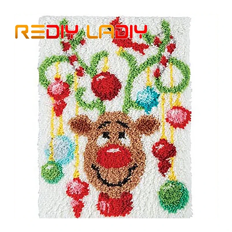 Latch Hook Rug Kit Crocheting Carpet Christmas Deer Acrylic Yarn Pre-Printed Canvas Cushion Mat Crochet Tapestry Sofa Decor | Дом и сад