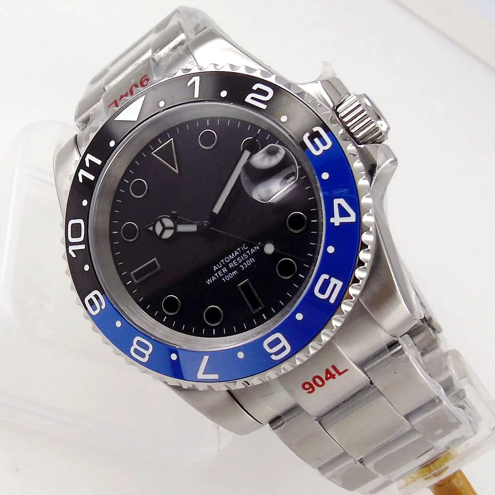 

40mm Automatic Men's Watch PT5000/NH35/Miyota8215 Sapphire Glass Black Dial Date Cyclops 316L Band Black/Blue Bezel Insert