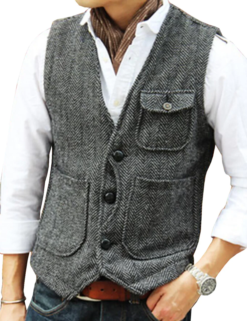 Casual Tooling Vest Formal Herringbone Tweed Brown V Neck Wool Waistcoat Business Vest Groomman For Wedding Prom áo khoác blazer