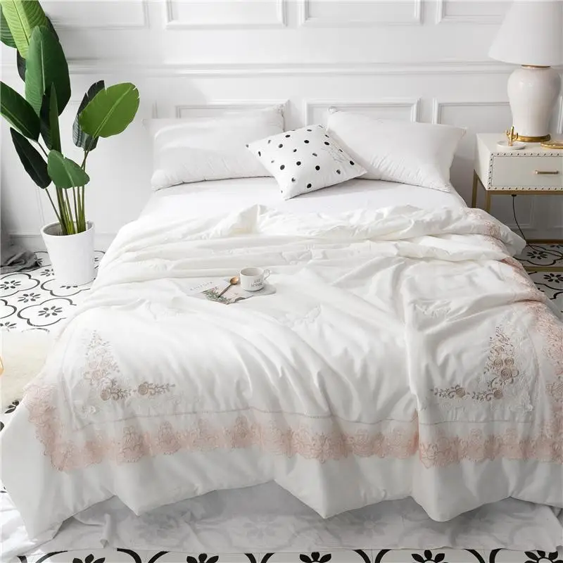 luxury 60S Egypt cotton Summer Quilt Embroidered Pearl Applique Duvet Fill Microfiber mulberry silk Lace Comforter Queen size | Дом и сад