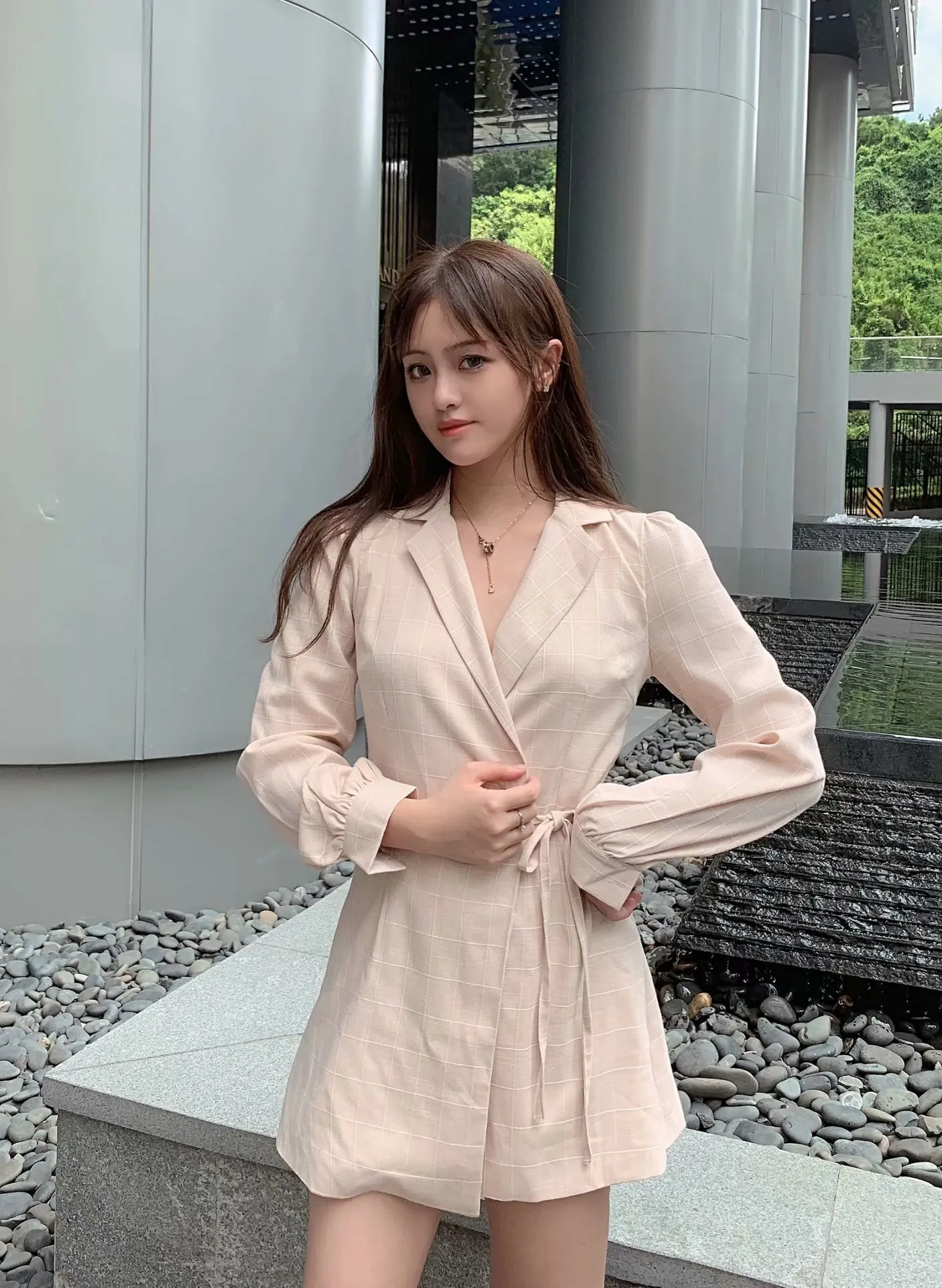 

2020 Winter WOMEN'S Dress Elegant Slimming Solid Pattern Bandage Cloth Suit Collar Long-sleeved Dress Short Skirt