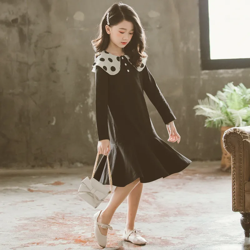 Cheap 6 to 16 years kids   teenager girls dot print collar long sleeve cotton casual ruffle flare dress children fall winter dresses