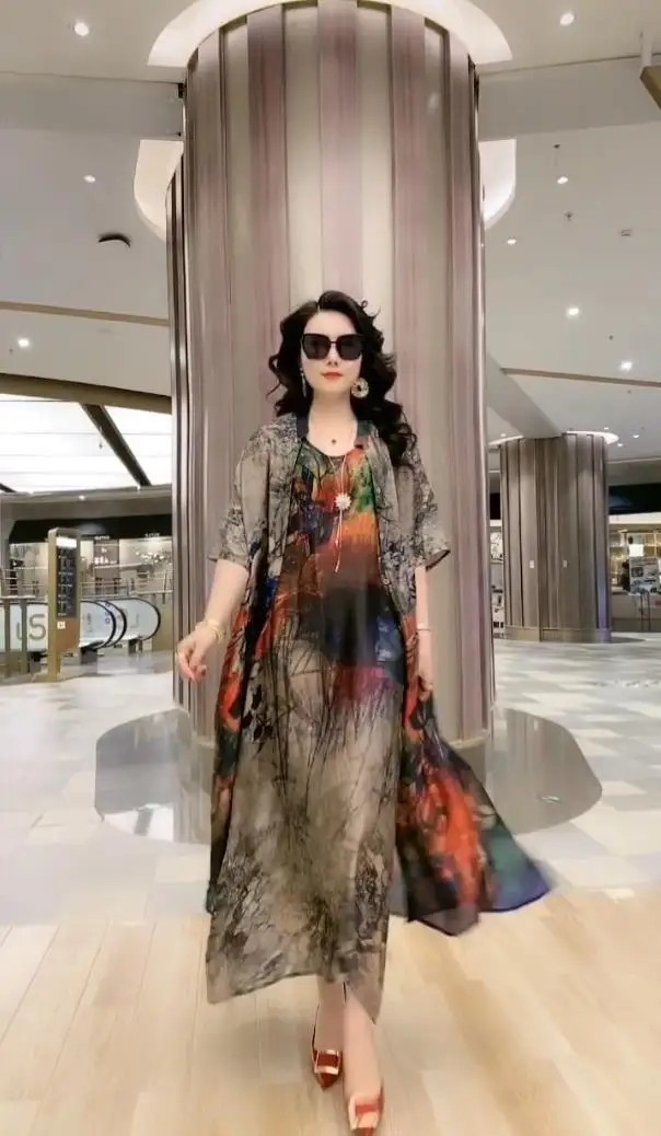 Silk Dress Two-Piece Women's Elegant Floral Plus Size Dress Casual Beach Vintage Long Dress mother dress 2021 Summer New Fashion dress shops