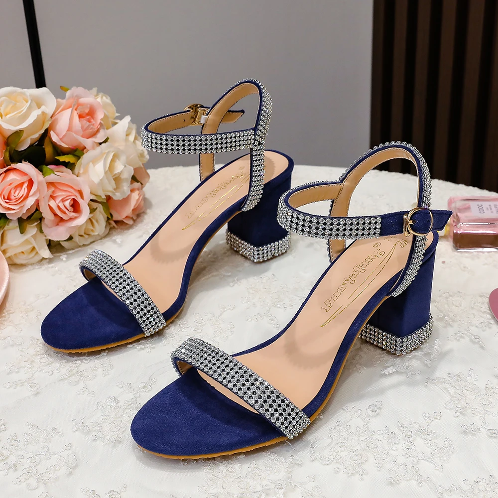 

BaoYaFang Green crystal Summer Sandals Woman Open toe Thick heel girls party dress shoes Bridal wedding shoe square Heel Sandals