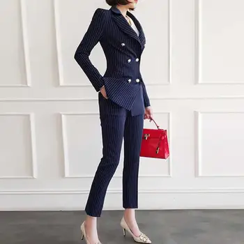 

Autumn Striped Pant Sets Double Breasted Notched Slim Blouse Navy Two Piece Women Office Clothing Sets
