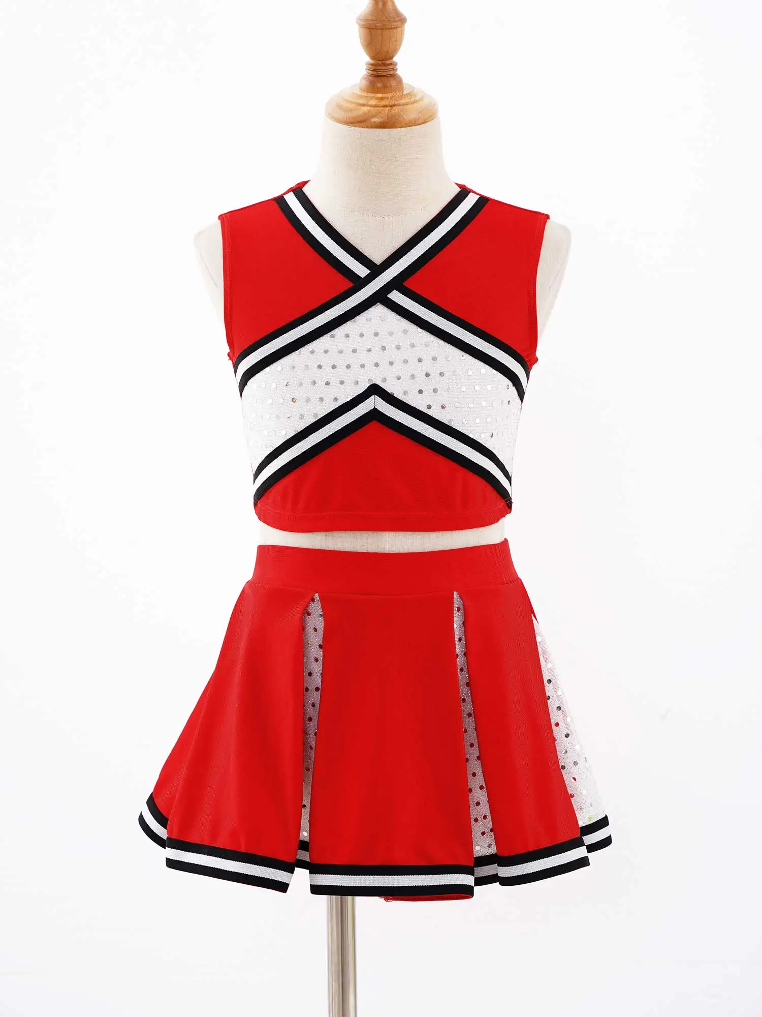 

Kids Girls Cheerleading Suits Dance Costumes SCrisscross Striped Top With Elastic Waistband Skirt Sparkling Sequins Sport Outfit