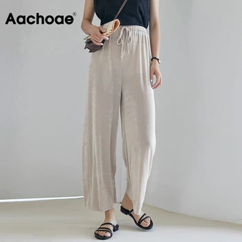 

2020 Summer Solid Casual Pants Women Elastic High Waist Straight Long Pants Ladies Wide Leg Trousers Bottoms Pantalones Mujer