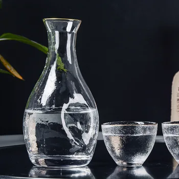 

1 Pot 4 Cup Bar Set 40-400ml Outline In Gold Hip Flask Lead-free Glass Hammer Pattern Flat Wine Glass Bar Weight Sense Wine Set