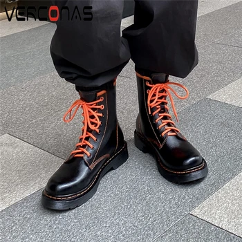 

VERCONAS Outdoor Casual Women Ankle Boots Autumn Winter New Genuine Leather Low Heels Shoes Woman Lace-Up Fashion Concise Boots