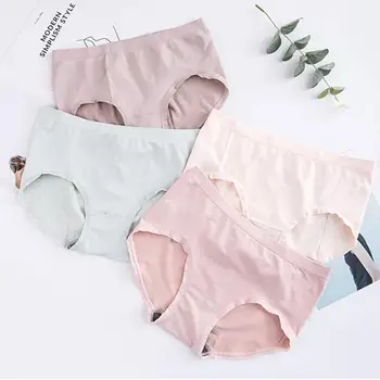 

4PCS Solid Ladies Seamless Panties Women Antibacterial Graphene Plaid Underpant Mid Waist Sexy Lingerie Briefs Hipster Intimate