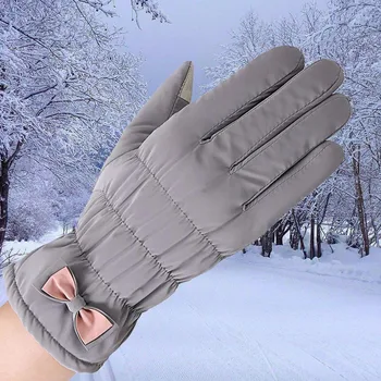 

Women Winter Gloves Solid Bow Plus Velvet Thick Warm Gloves Outdoor Windproof Sport Ski Gloves guantes invierno luvas de inverno