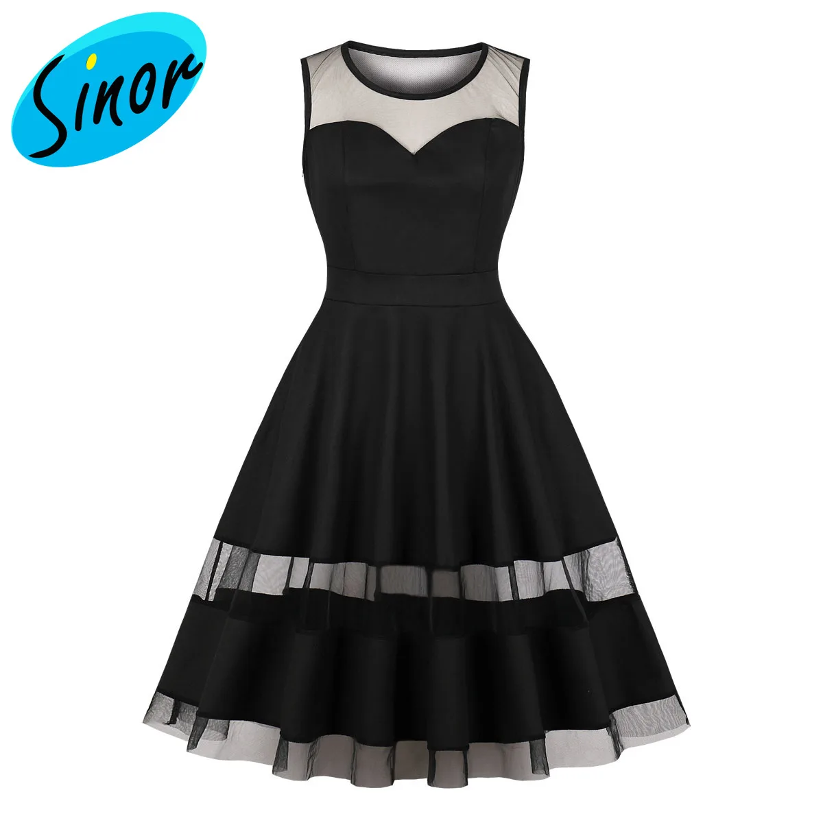 

2021 minxini foreign trade women's round neck mesh stitching temperament dress sleeveless dress dress 1822 office banquet Dress