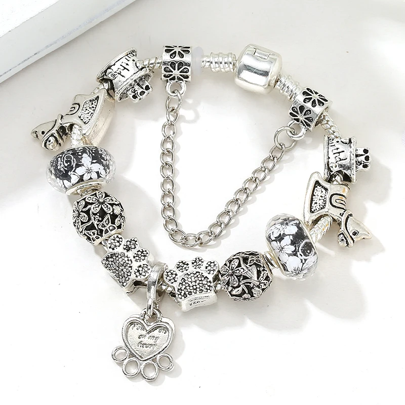 

High Quality Antique Original Alloy Big Hole Bead Footprint Bead Birthday Men's Women's Brand Bracelet Children's Jewelry