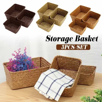 

3Pcs Household Woven Storage Storage Box Toy Storage Basket Storage Basket Rattan Basket Desktop Debris Snack Storage Box